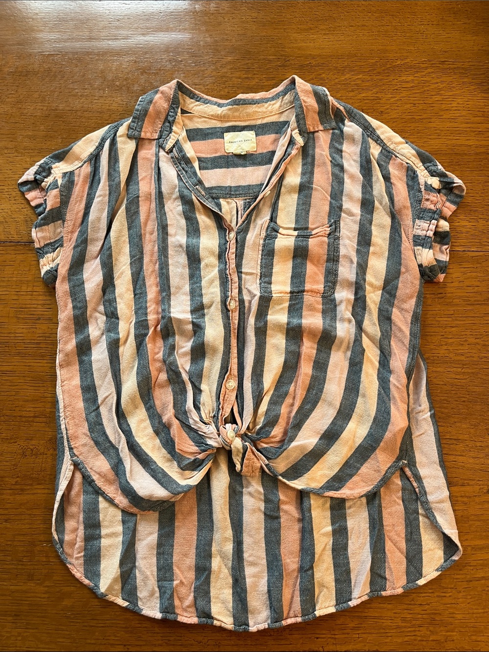 Striped Tie-Front Short Sleeve Top - Peach/Gray -